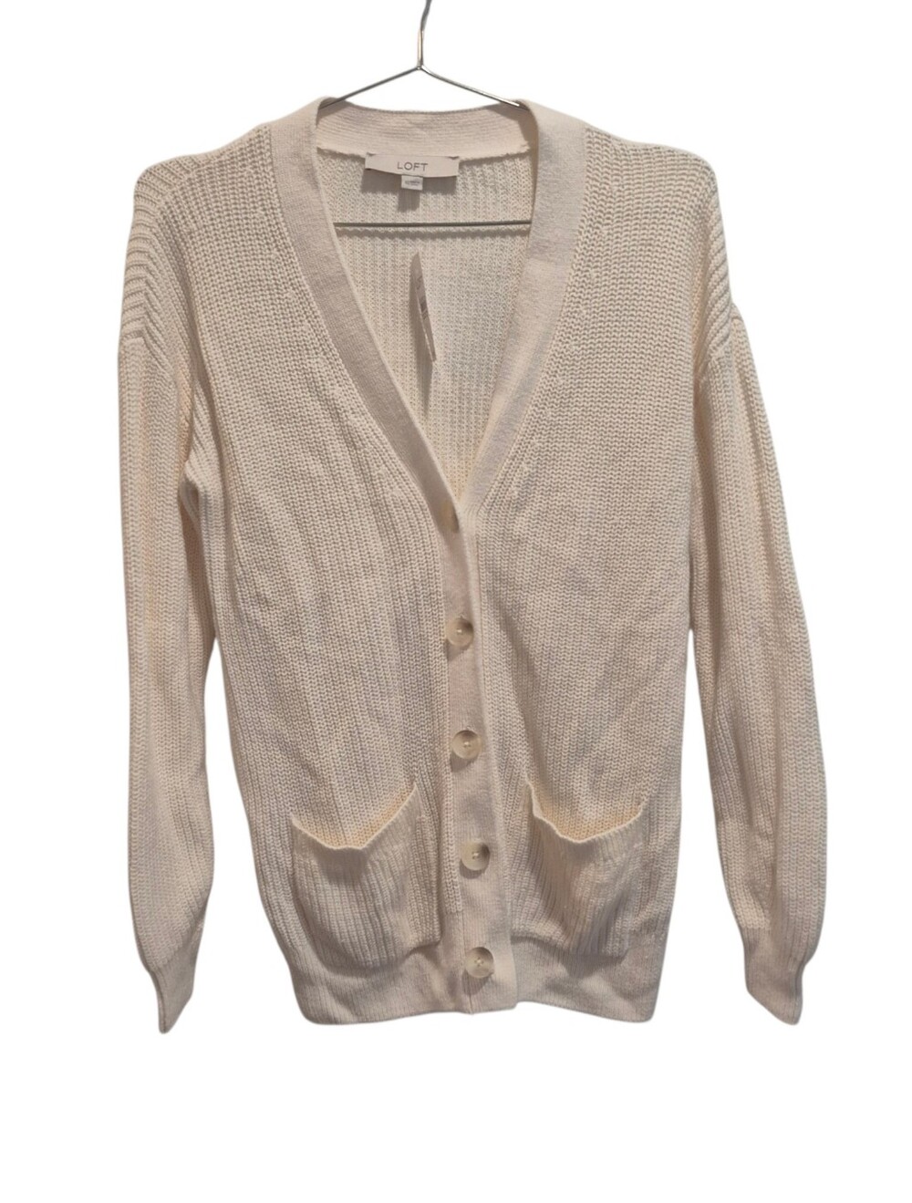 New Loft Cream White Cardigan Knot Sweater Size XS NWT Button Front With Pockets